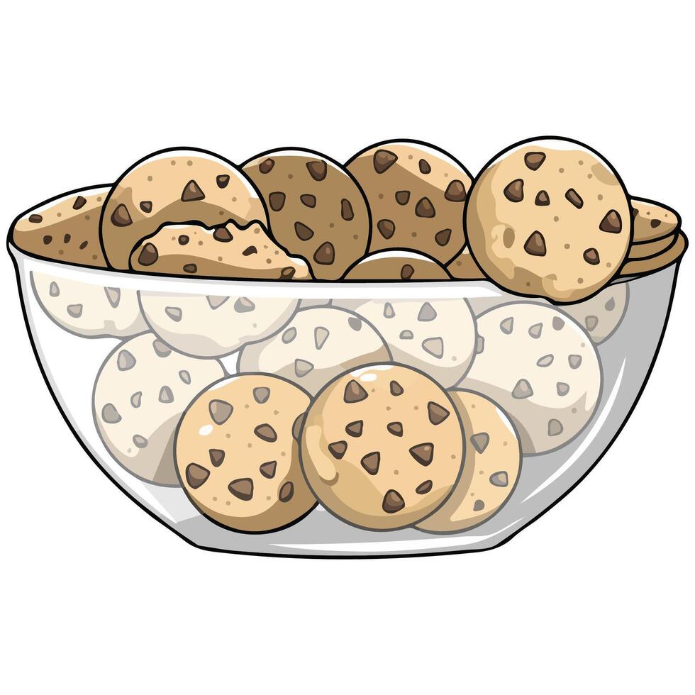 Delicious Oatmeal Cookies with Chocolate Drops in Glass Bowl vector