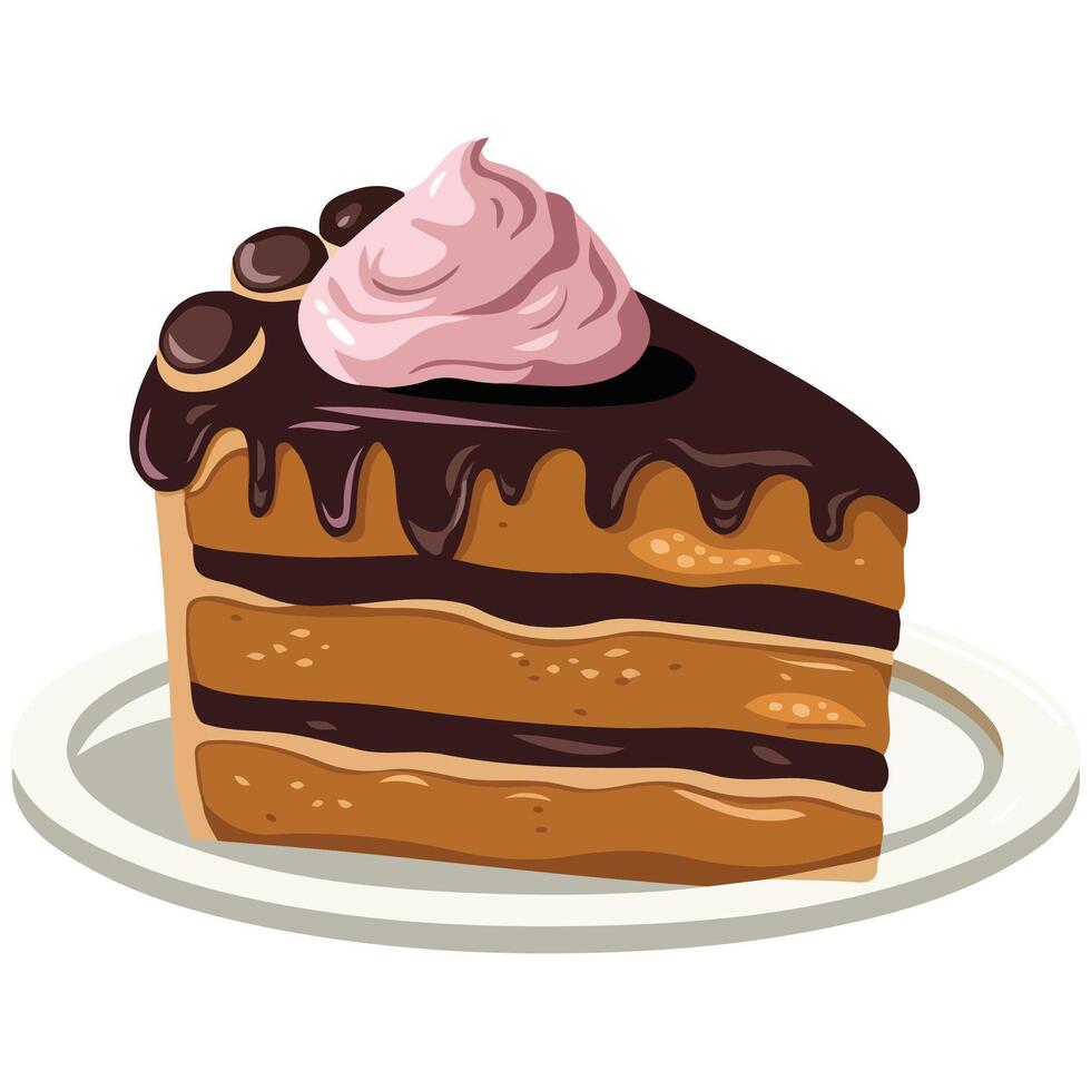 Piece of Cake on Plate Isolated Dessert with Cream Biscuit and Birthday Confectionery vector