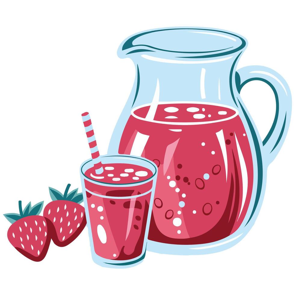 Cartoon Juice and Fruits in Jar and Glass on White Background vector