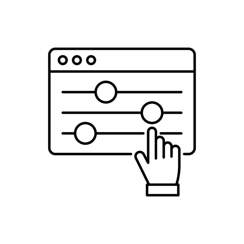 Control Panel Line Icon. Adjustment Button with Hand Linear Pictogram. Control Panel and Pointer Outline Icon. Multimedia adjusting symbol. Editable Stroke. Isolated Illustration. vector