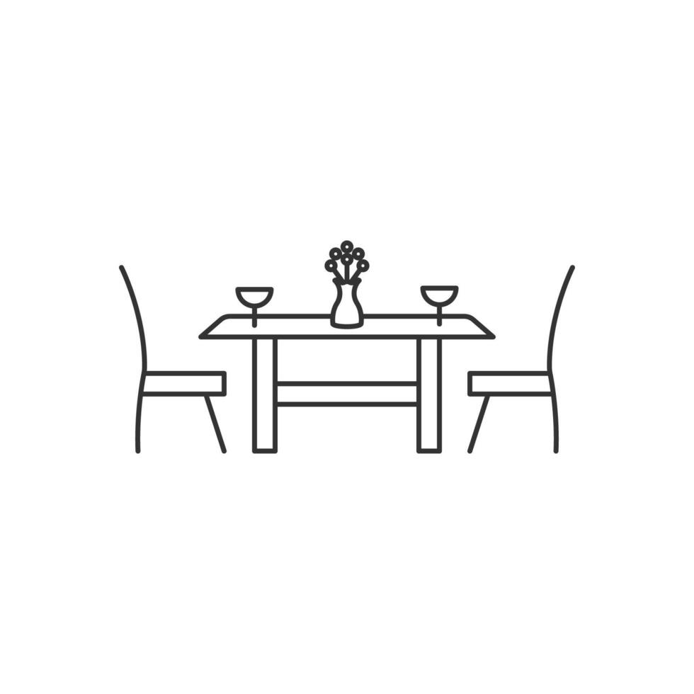 Dinig room flat line icon. Apartment furniture sign, illustration of dinner table and chairs. Thin linear logo for interior store. vector