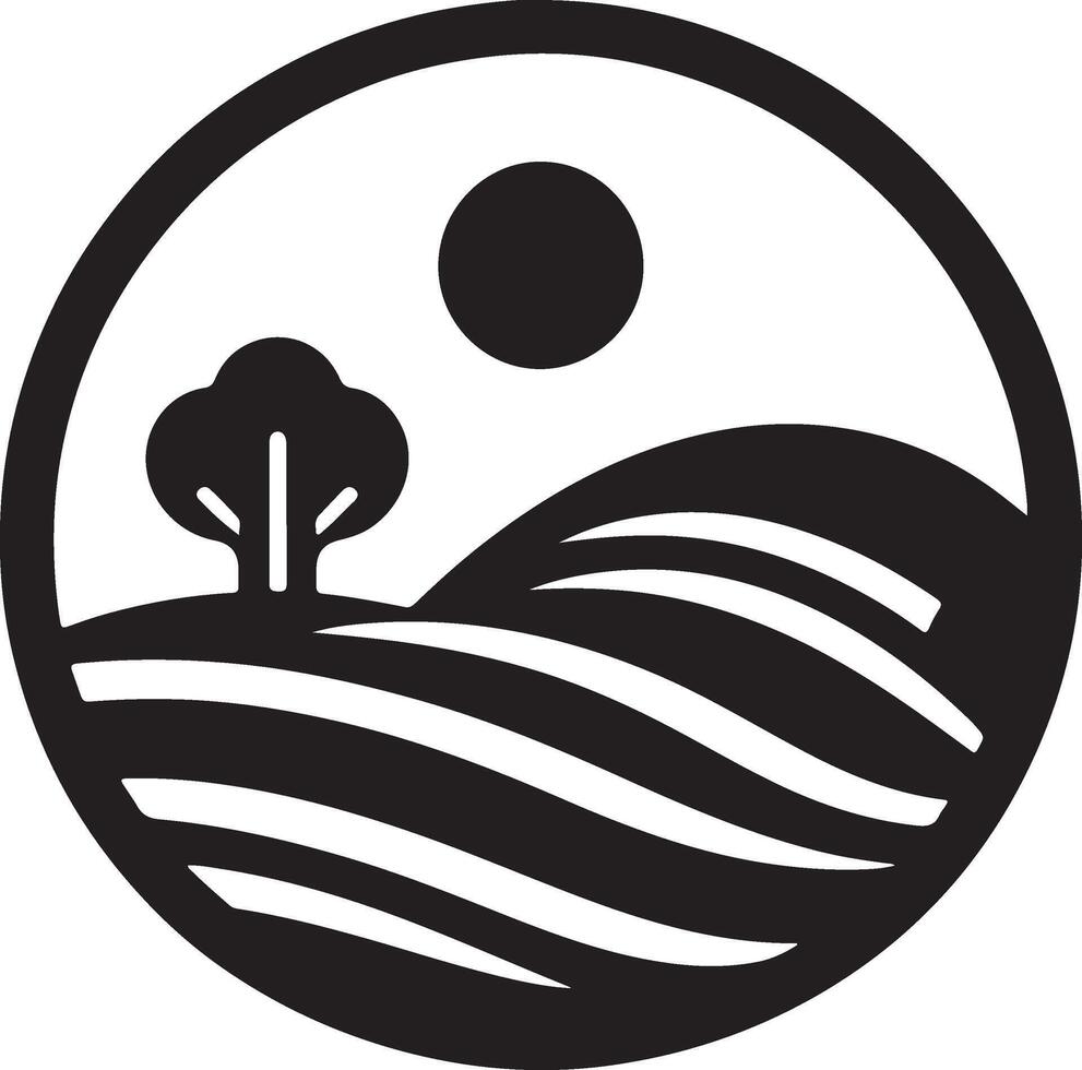 a black and white logo with a tree and a sun vector