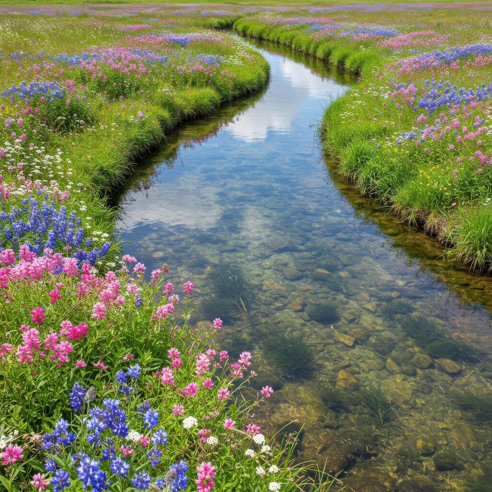 A stream runs through a field of wildflowers photo