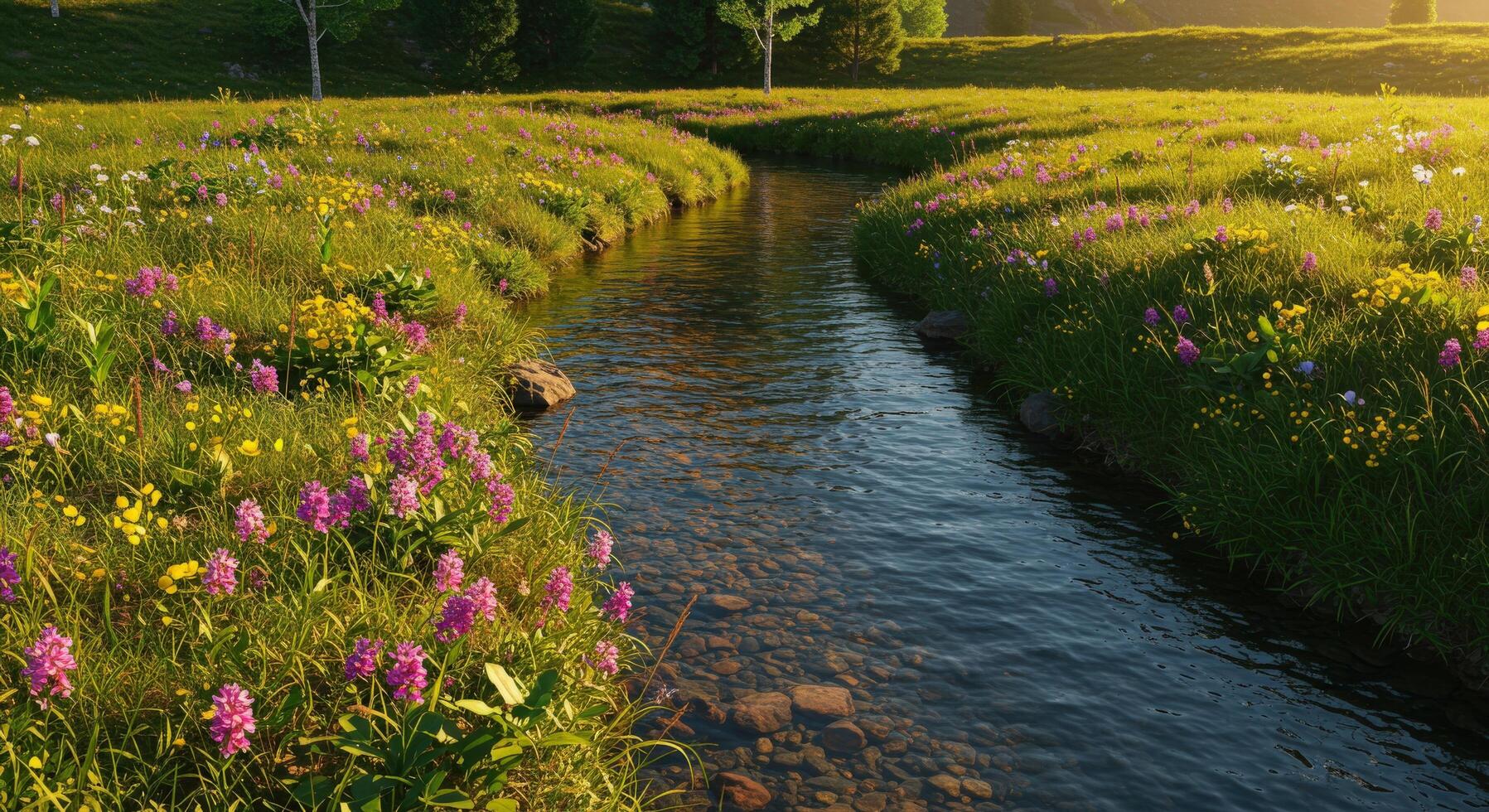 A river running through a field of flowers photo