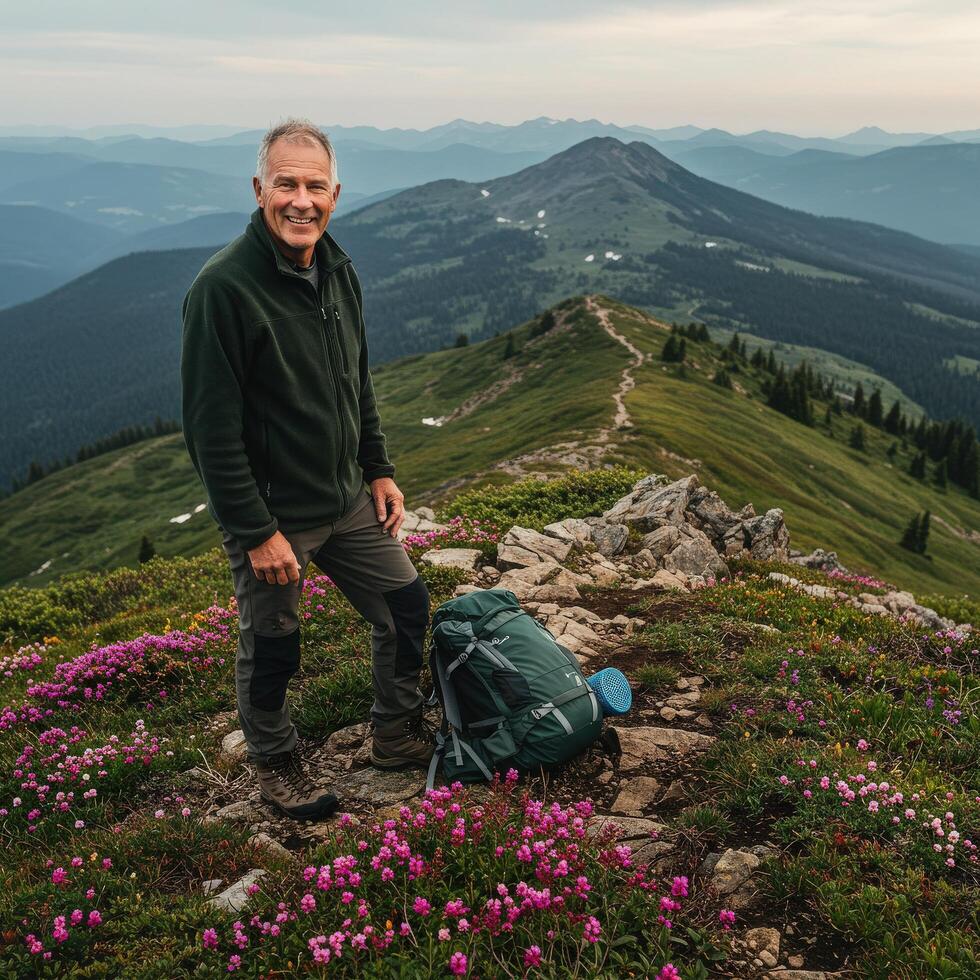 A man standing on a mountain top with a backpack photo