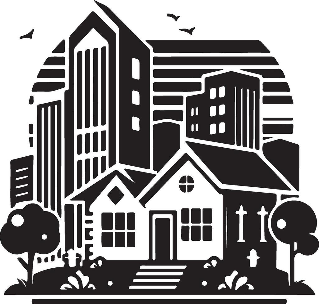 a black and white illustration of a house with a cemetery in the background vector