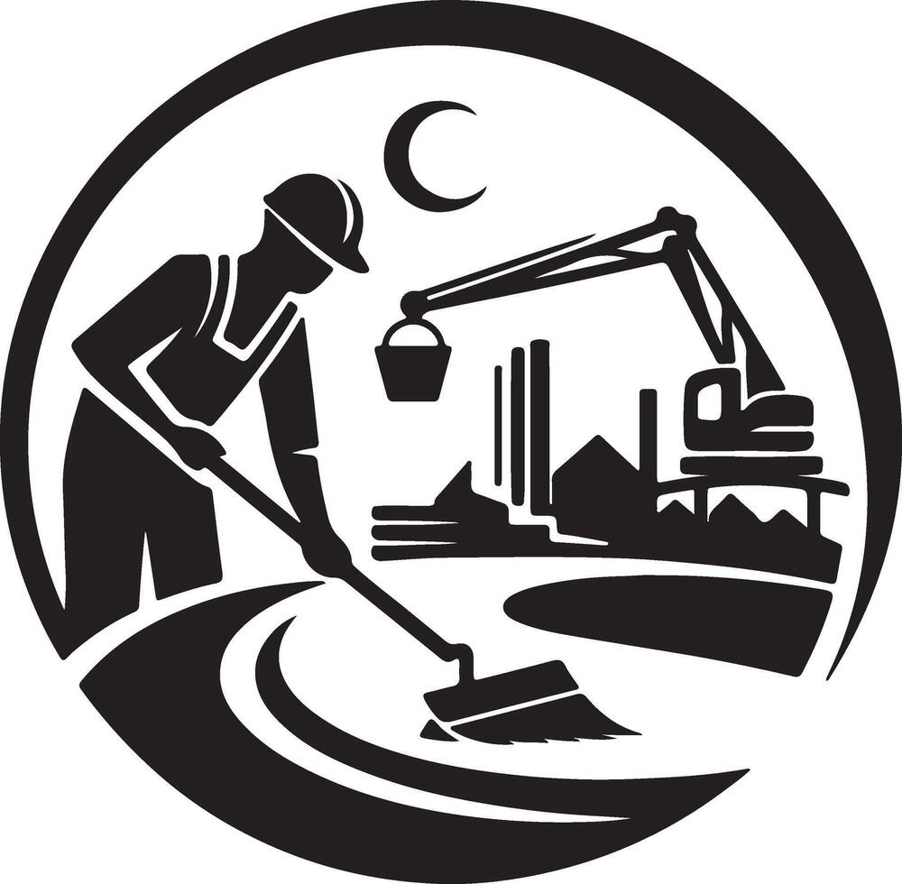 a man sweeping the floor with a broom and a crane in the background vector