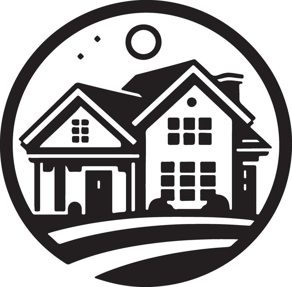 a black and white house logo with a moon and stars vector