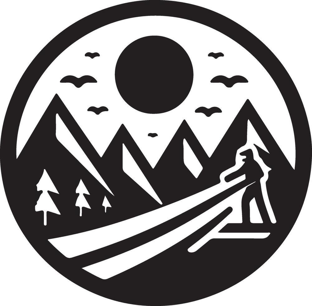 a black and white logo of a mountain with a man on a snowboard vector