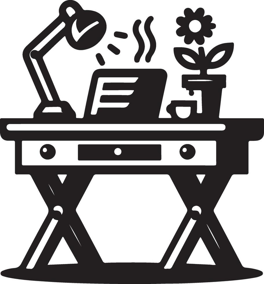 a black and white illustration of a desk with a lamp and a laptop vector