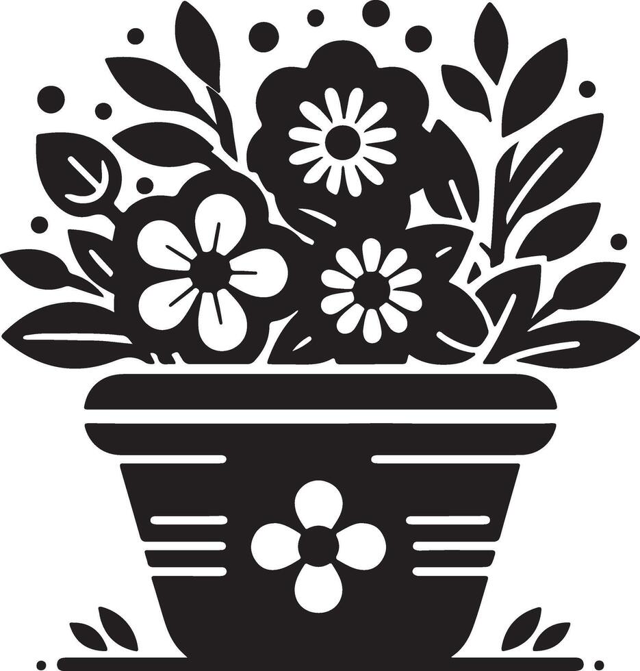 a black and white illustration of a flower pot with flowers vector