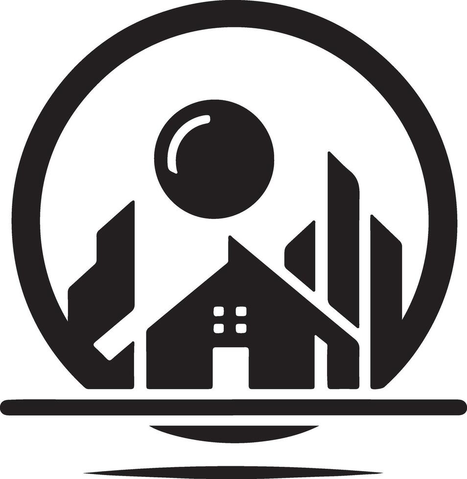 a black and white logo of a house and a sun vector