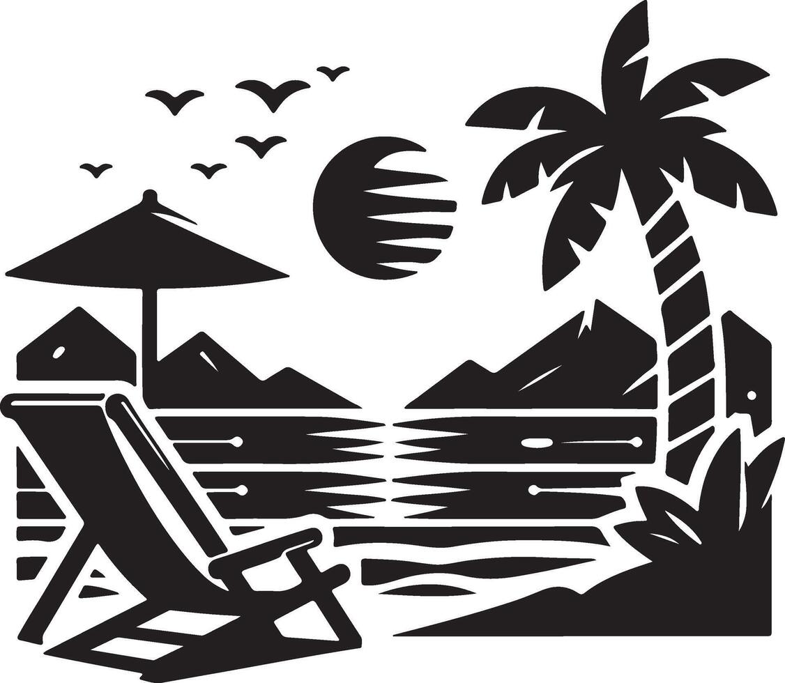 a black and white silhouette of a beach chair and palm tree vector