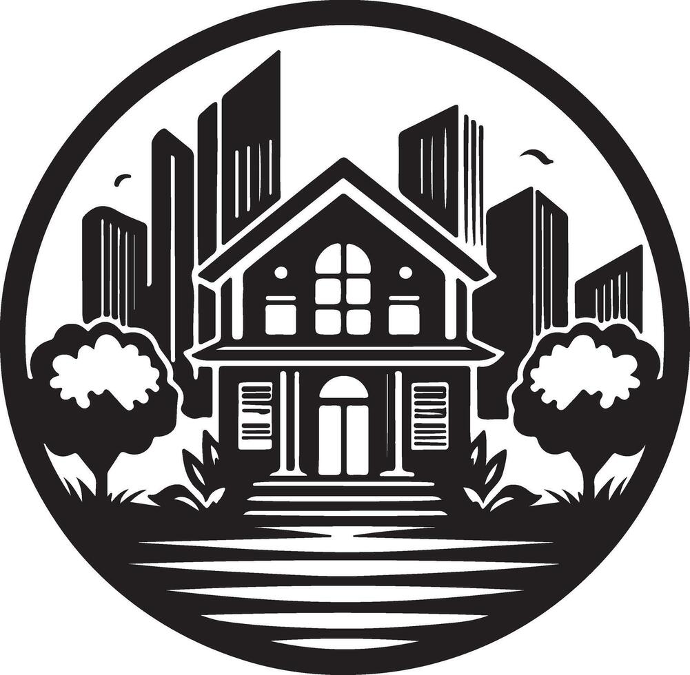 a black and white illustration of a house with trees and a city in the background vector