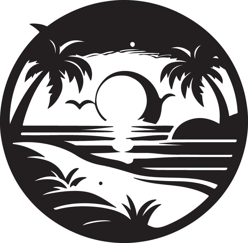 a black and white image of a beach with palm trees and a sunset vector