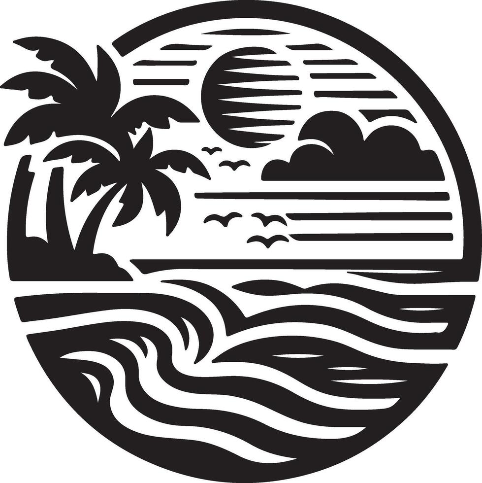 tropical island with palm trees and waves, sunset, sun, moon, waves, waves, vector