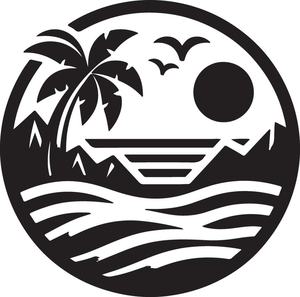 a black and white logo of a beach with palm trees and waves vector