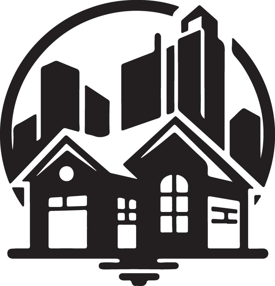 a black and white logo of a house with a city skyline in the background vector
