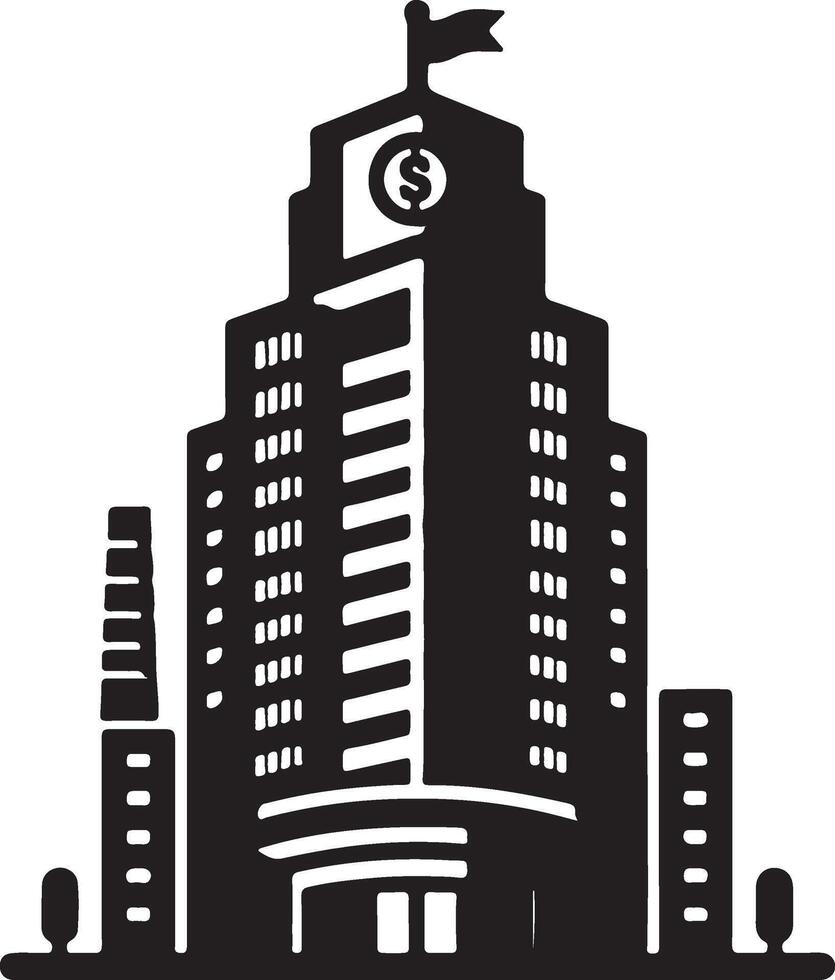 a black and white illustration of a building with a dollar sign vector