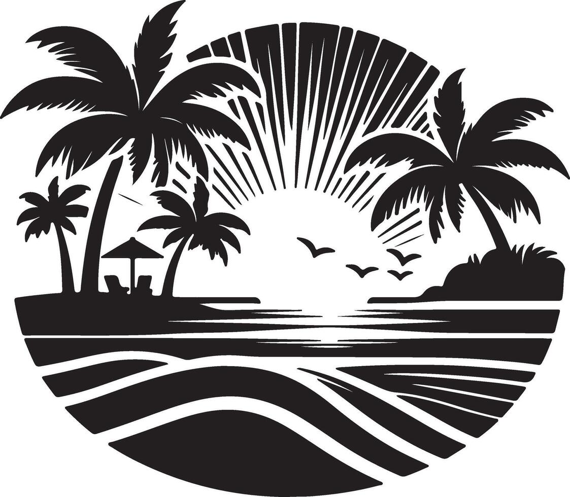 tropical island with palm trees and sunset illustration vector
