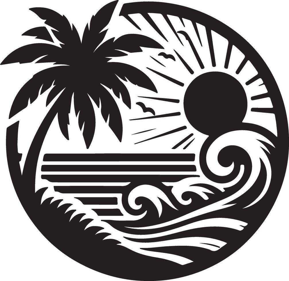 a black and white image of a palm tree and waves vector
