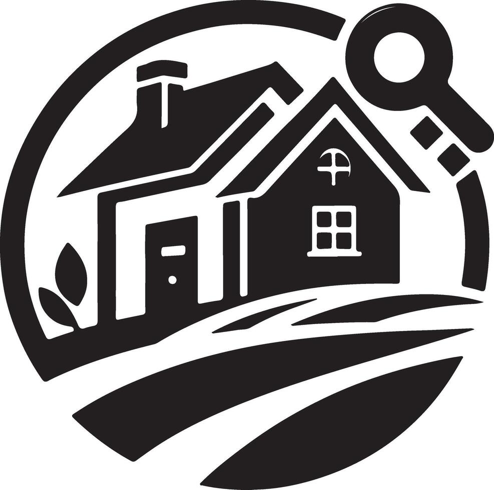 a black and white logo of a house with a key vector