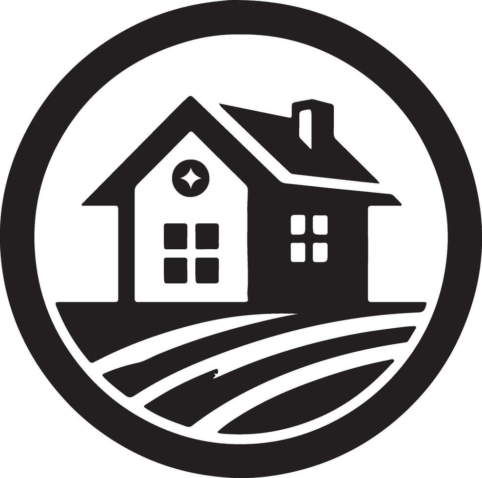 a black and white house icon in a circle vector