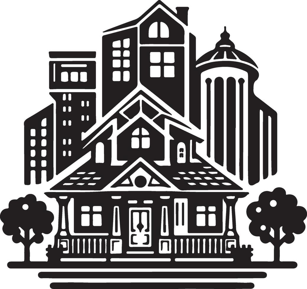 a black and white illustration of a house with a tree in front vector