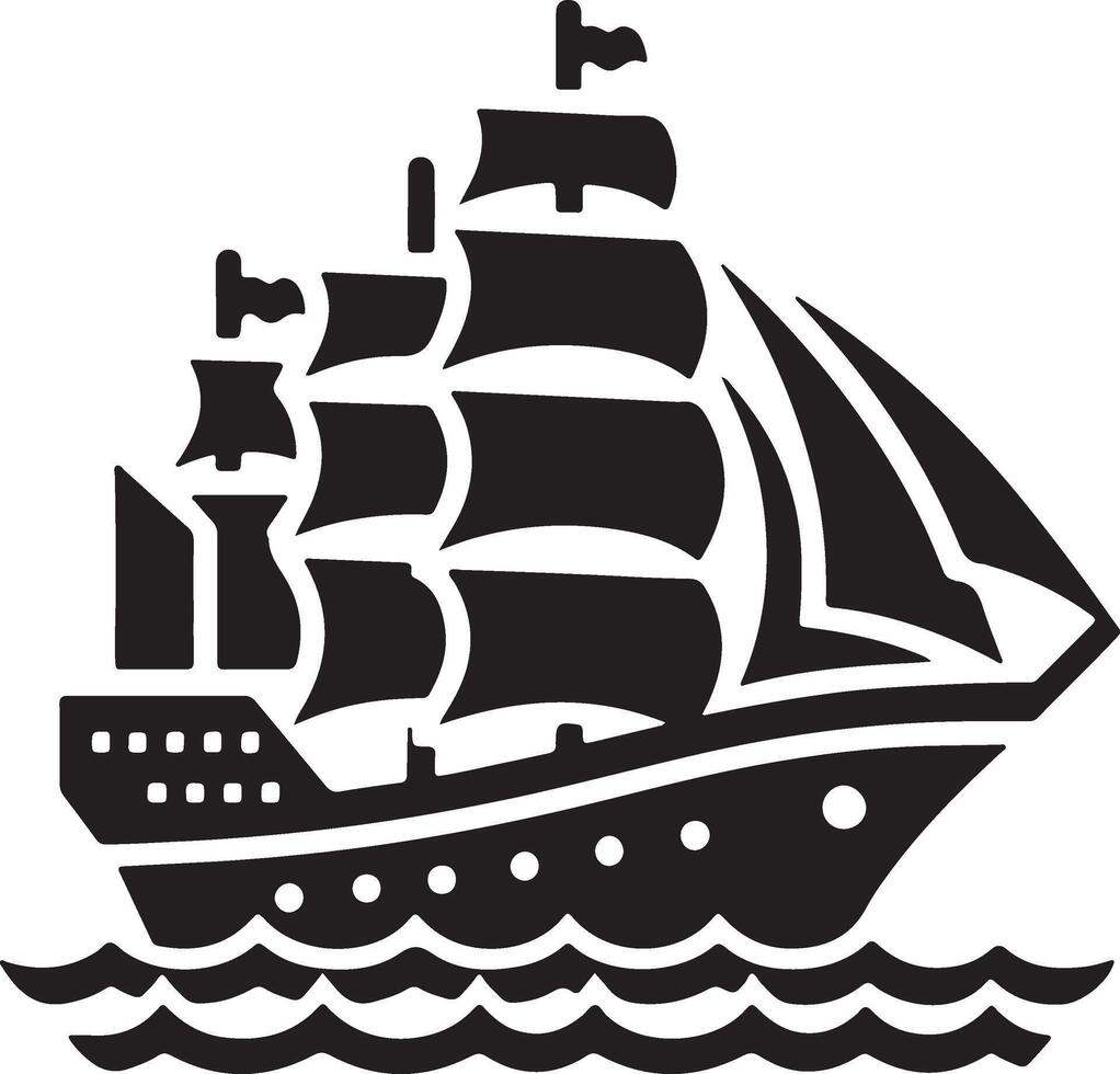 Black and White Sailing Ship on Waves Icon vector