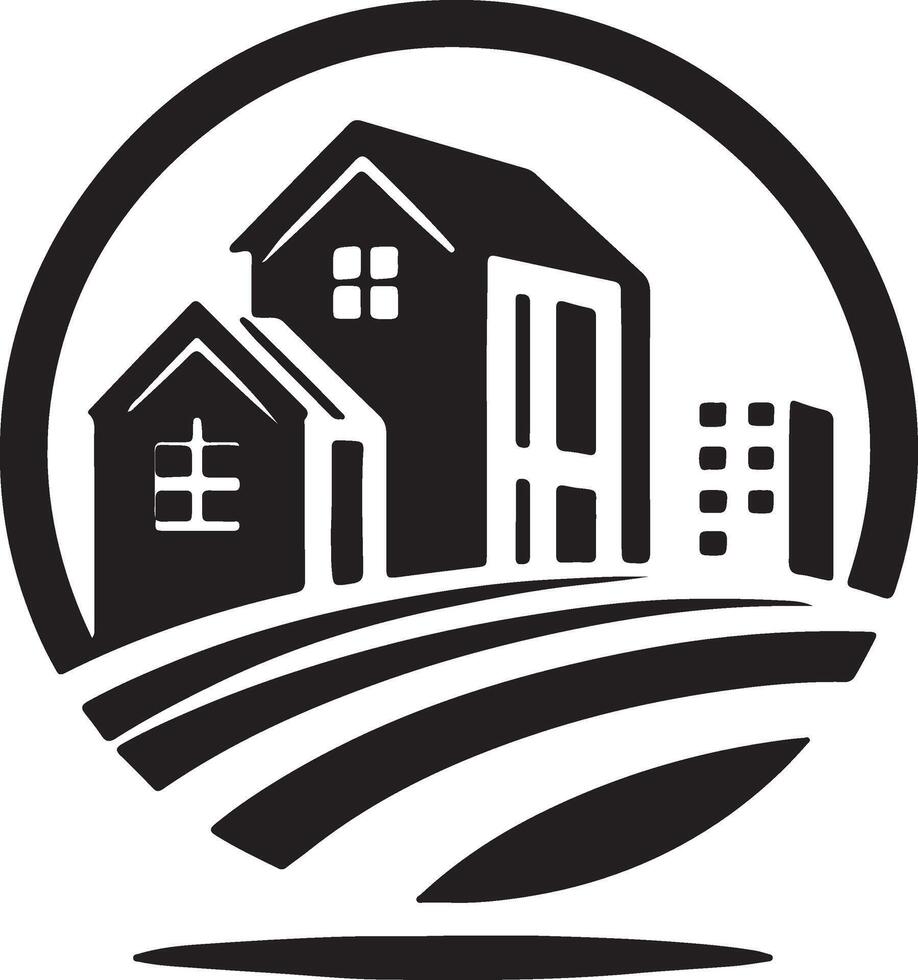 a black and white logo of a house and a city vector