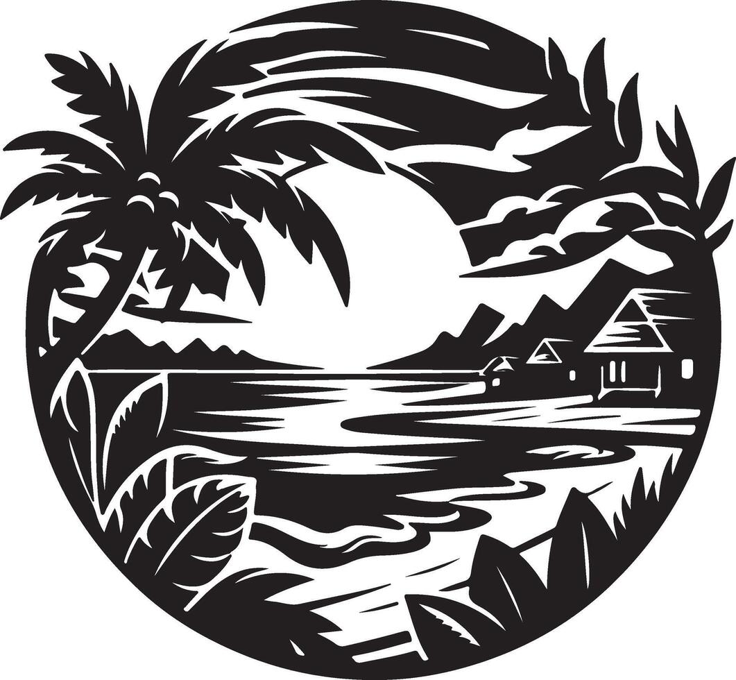 tropical island with palm trees and a house in the background vector