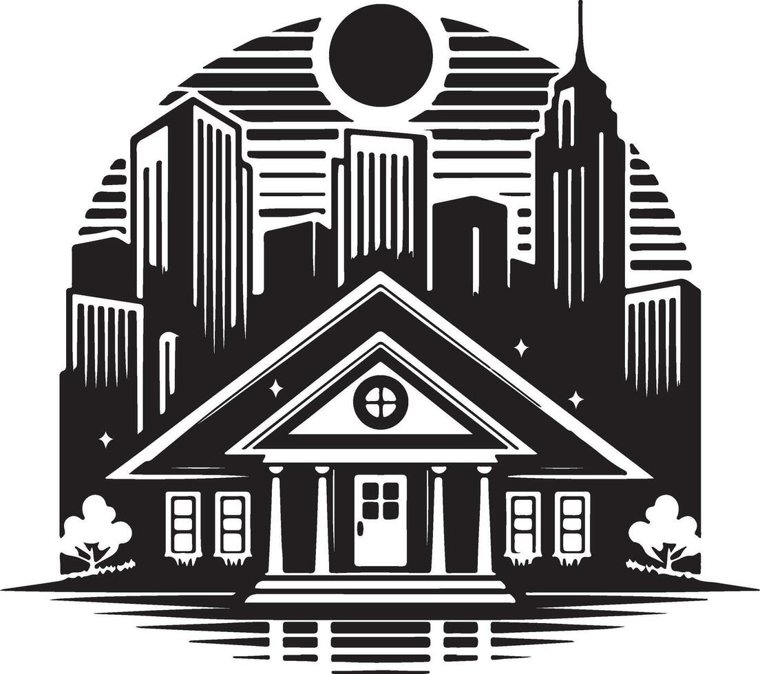 a black and white illustration of a house with a city skyline in the background vector