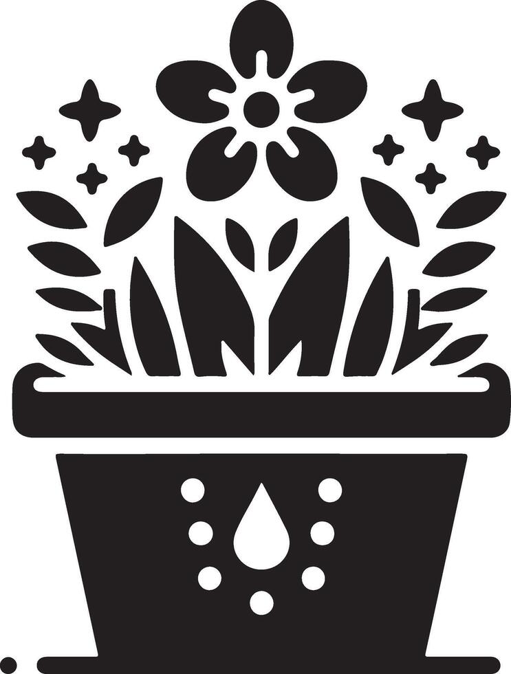 a black and white flower pot with flowers and leaves vector