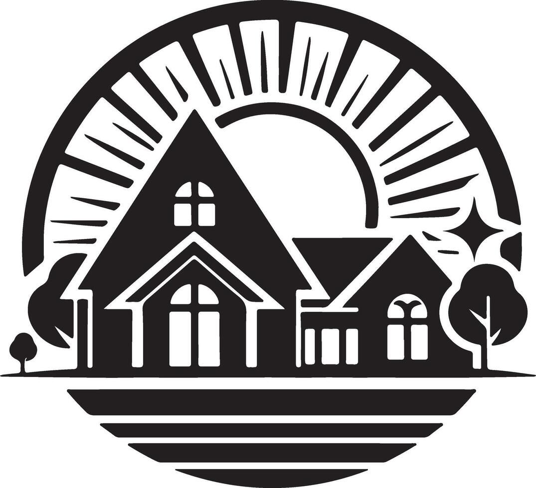 a black and white logo of a house with trees and sun vector