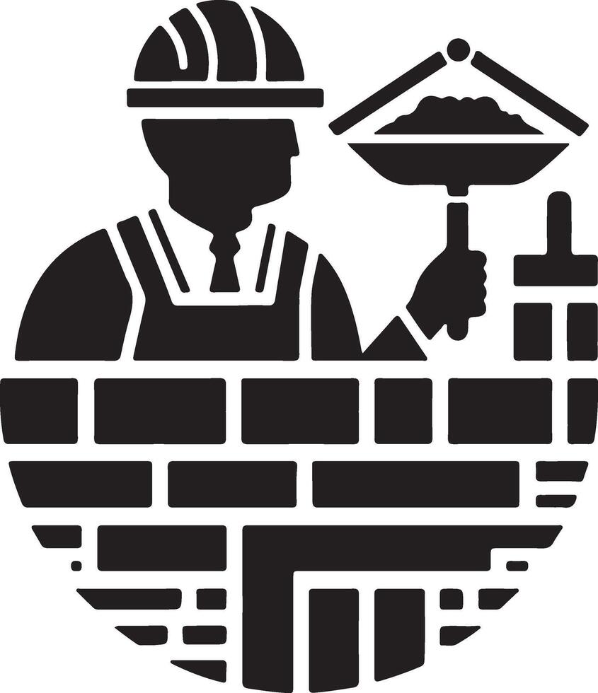 a black and white illustration of a man in a hard hat and hard hat holding a brick vector