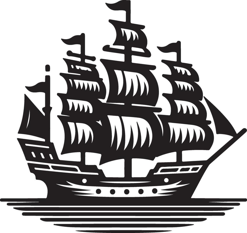 a black and white illustration of a sailing ship vector