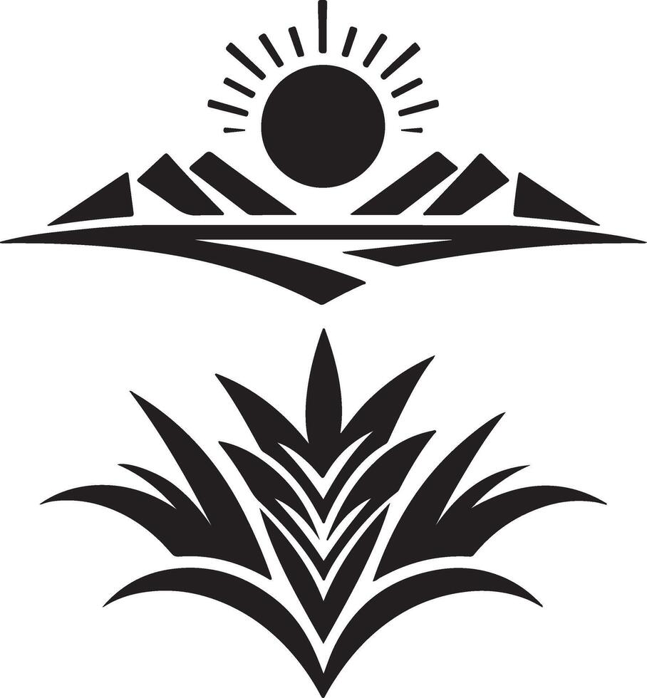 a sun and mountains with a plant in the background vector