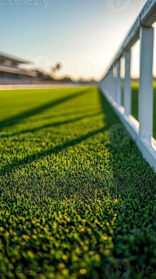 A racetrack scene with pristine racecourse with trimmed green grass. The white fence casting shadows on vibrant field photo