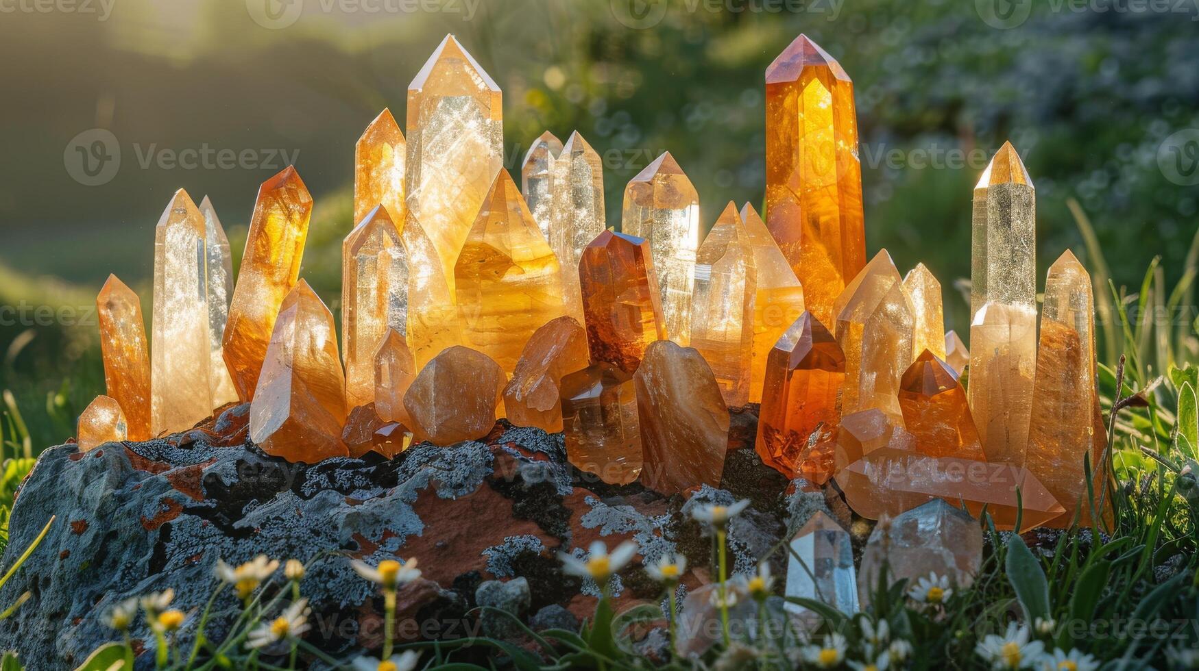 Group of citrine healing crystals shines brightly in sunlight, green grass and flowers. Spirituality, energy cleansing photo