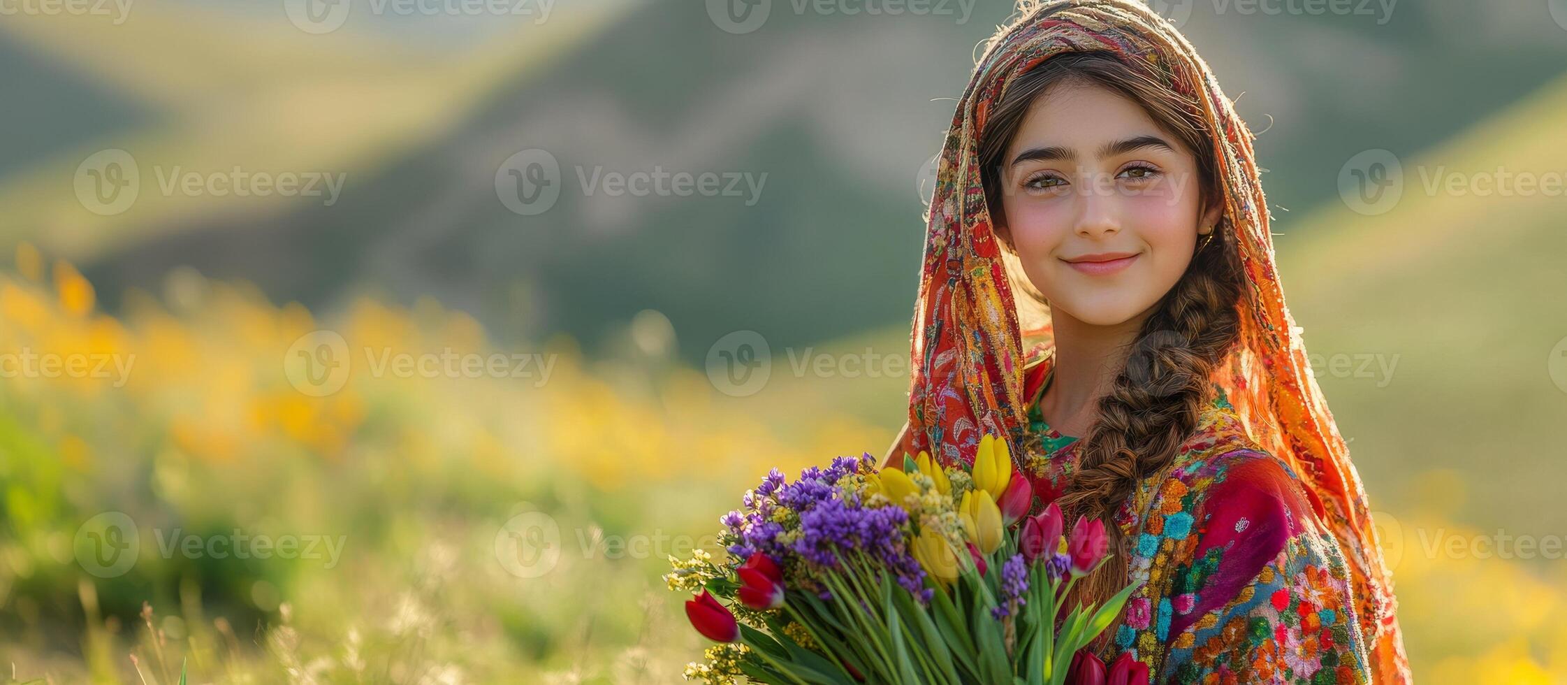 A girl holds a bouquet of flowers, in traditional patterned scarf. Nowruz, the Persian New Year. Wide banner, copy space photo