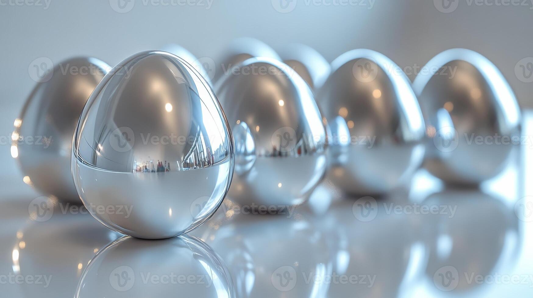 A row of sleek chrome eggs arranged on a reflective white surface. Metallic finish, futuristic Easter aesthetic photo
