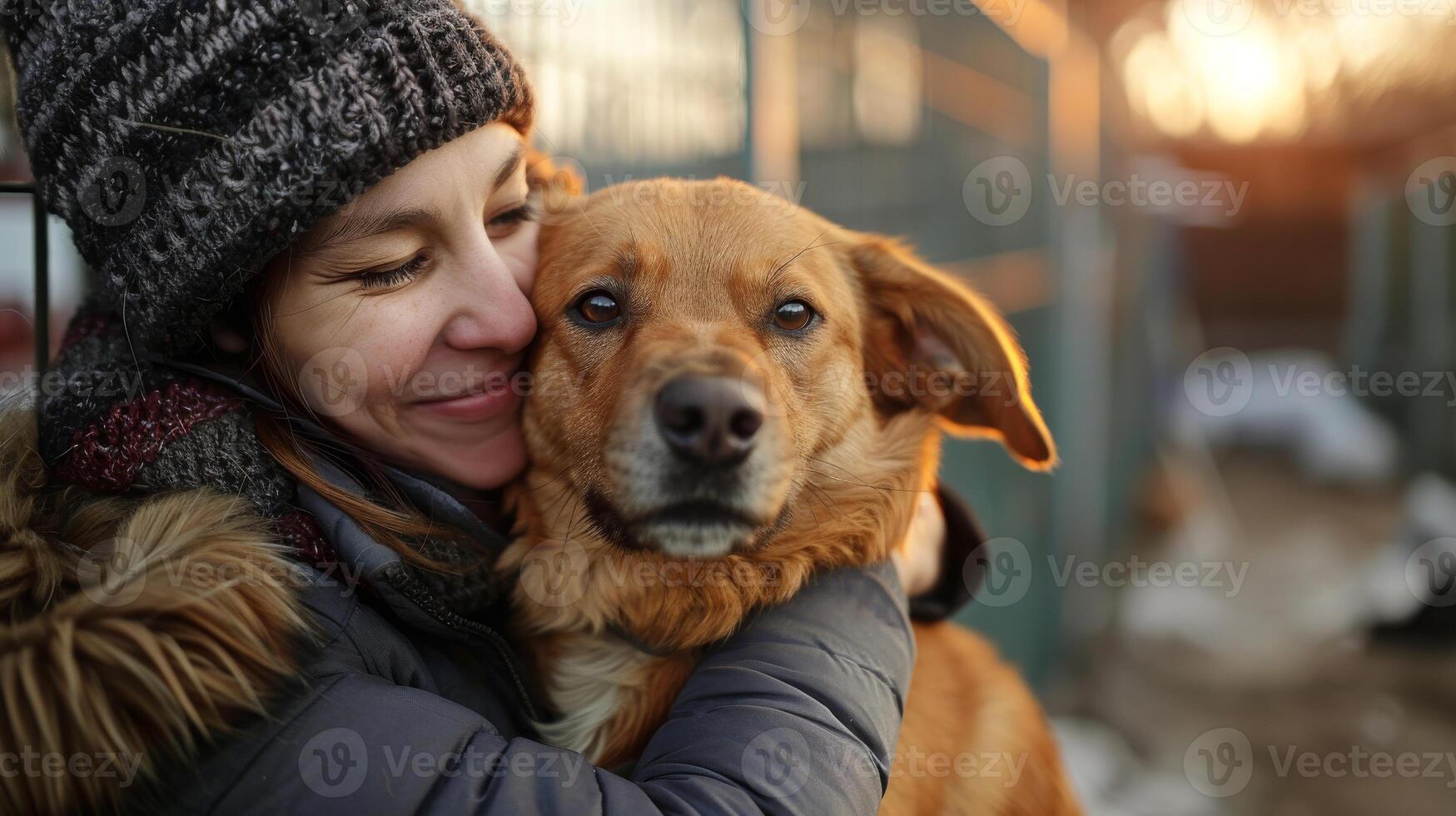 Young woman holding a brown mixed breed dog, near a fence of animal shelter. Pet adoption, animal care, companionship photo