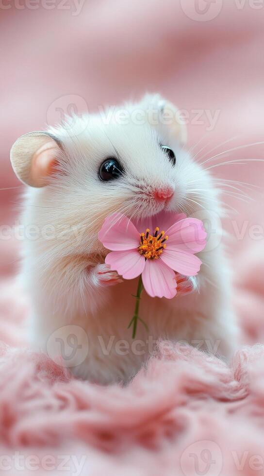 A fluffy tiny white hamster holds a delicate pink flower. Spring, with soft pastel hues, Easter and new beginnings photo