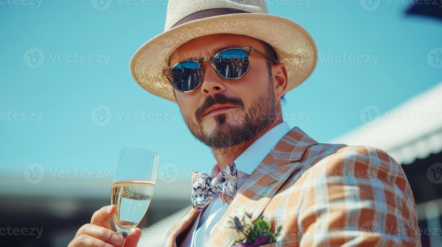 Gentleman at a racecourse holds a glass of champagne, in checkered suit, bow tie, and hat. Spring events. High society photo