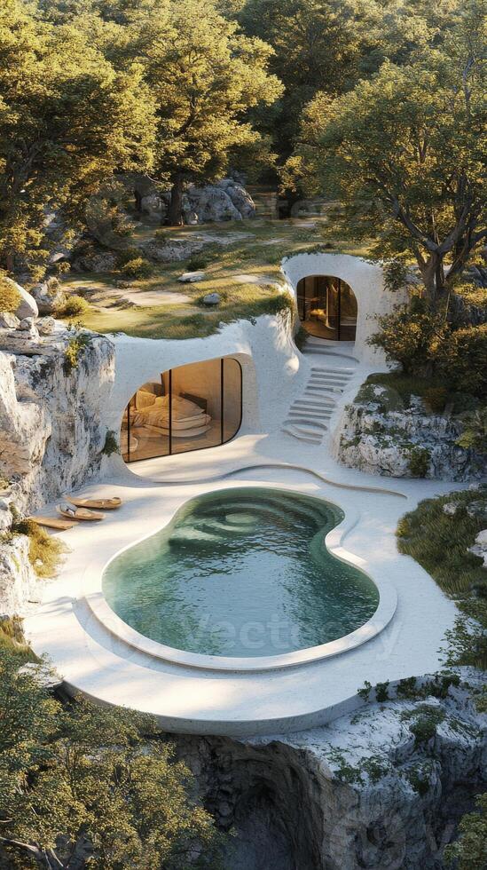 A modern luxurious house nestled in a natural environment features unique architectural elements, elegant circular pool photo