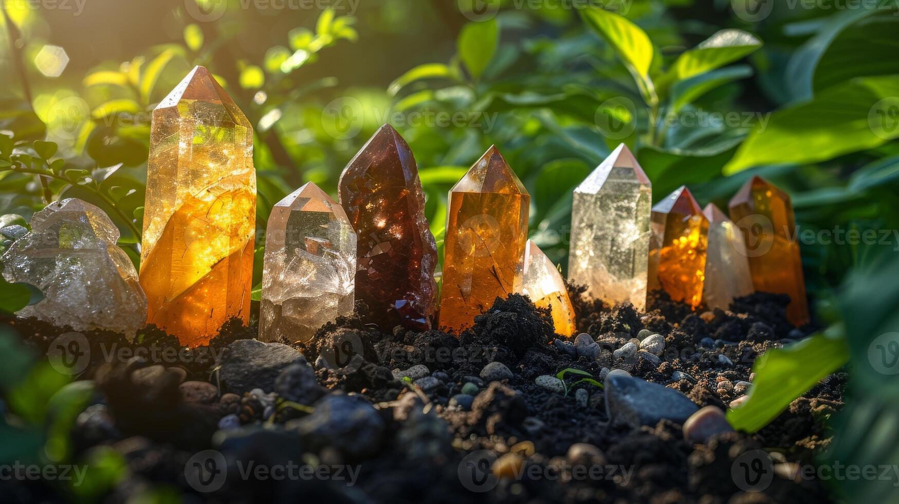 Array of vary healing crystals displayed in soil among green foliage. Cleansing energy of gemstones, spiritual ritual photo