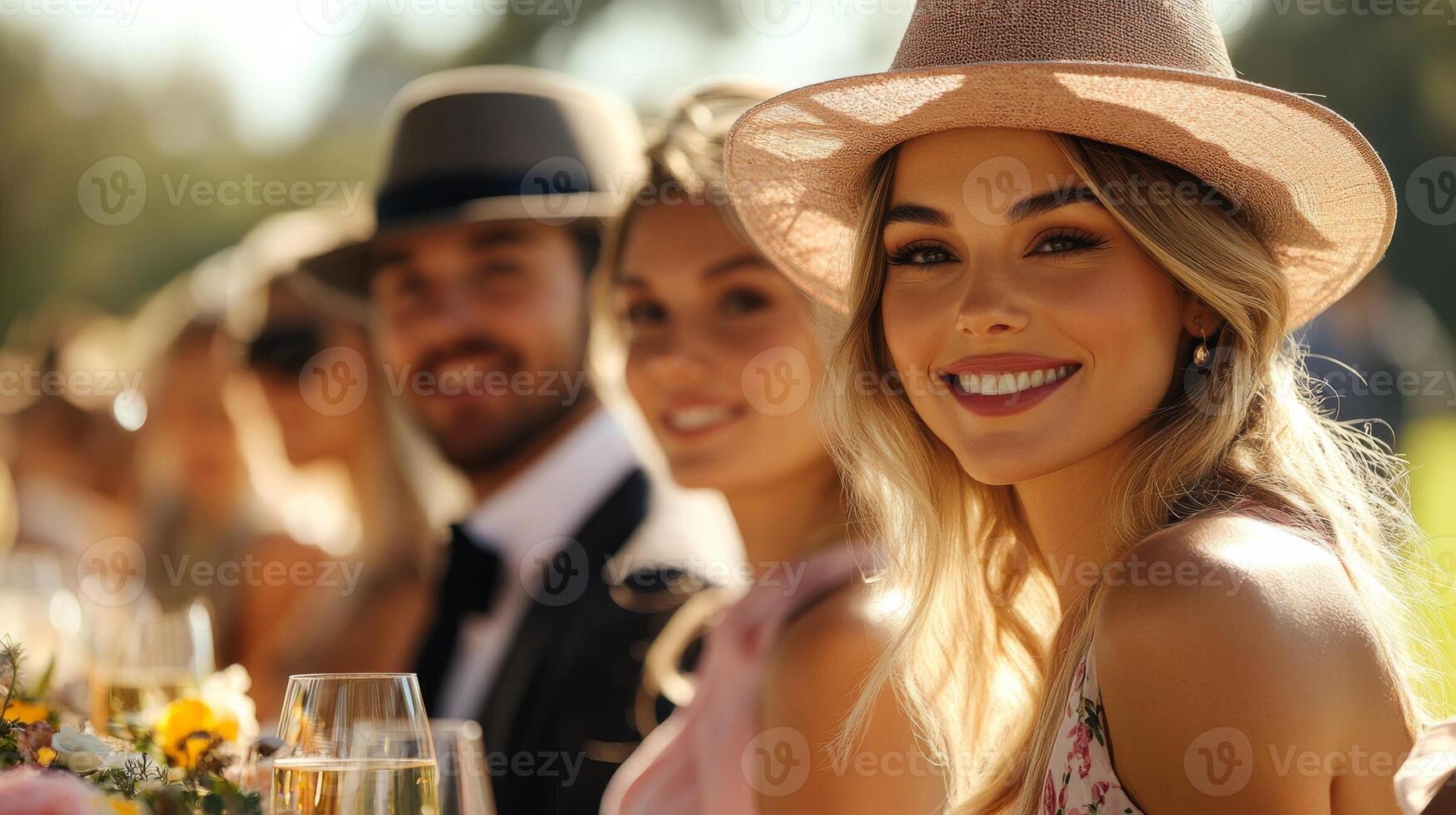 Smiling blond woman in hat at outdoor racing event with friends in garden background. Classic Old Money style photo