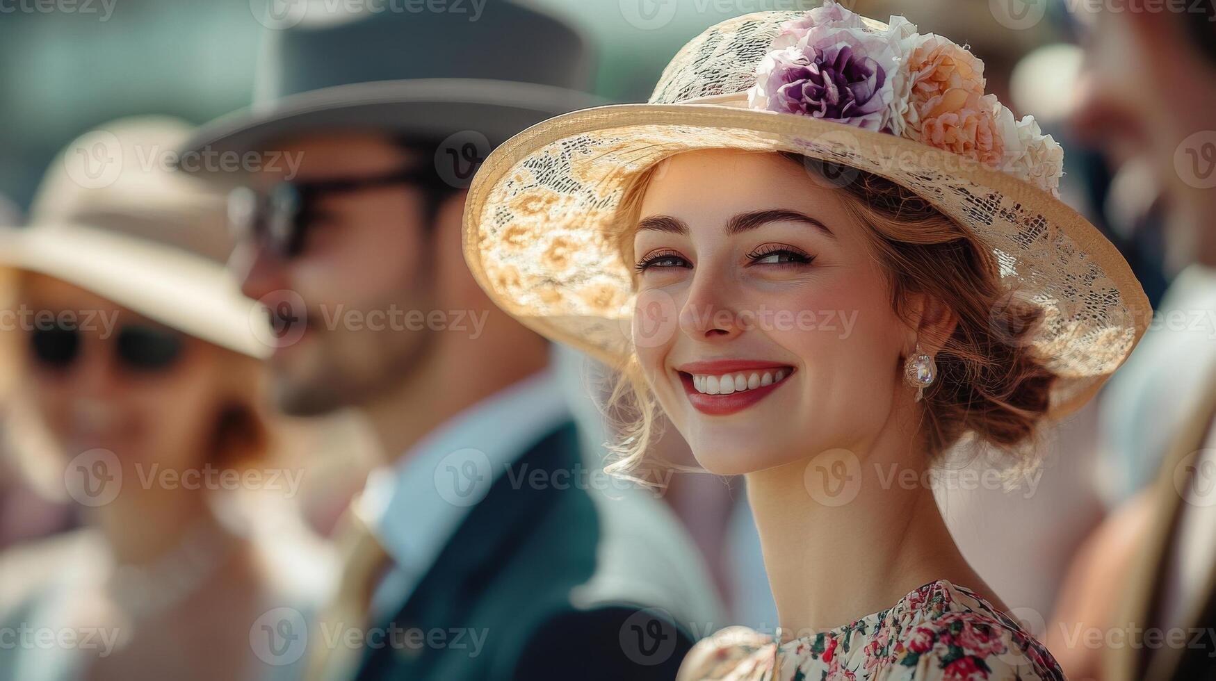 Smiling woman in floral hat and vintage dress at a racing event, elegantly dressed people round. Old Money elegant style photo
