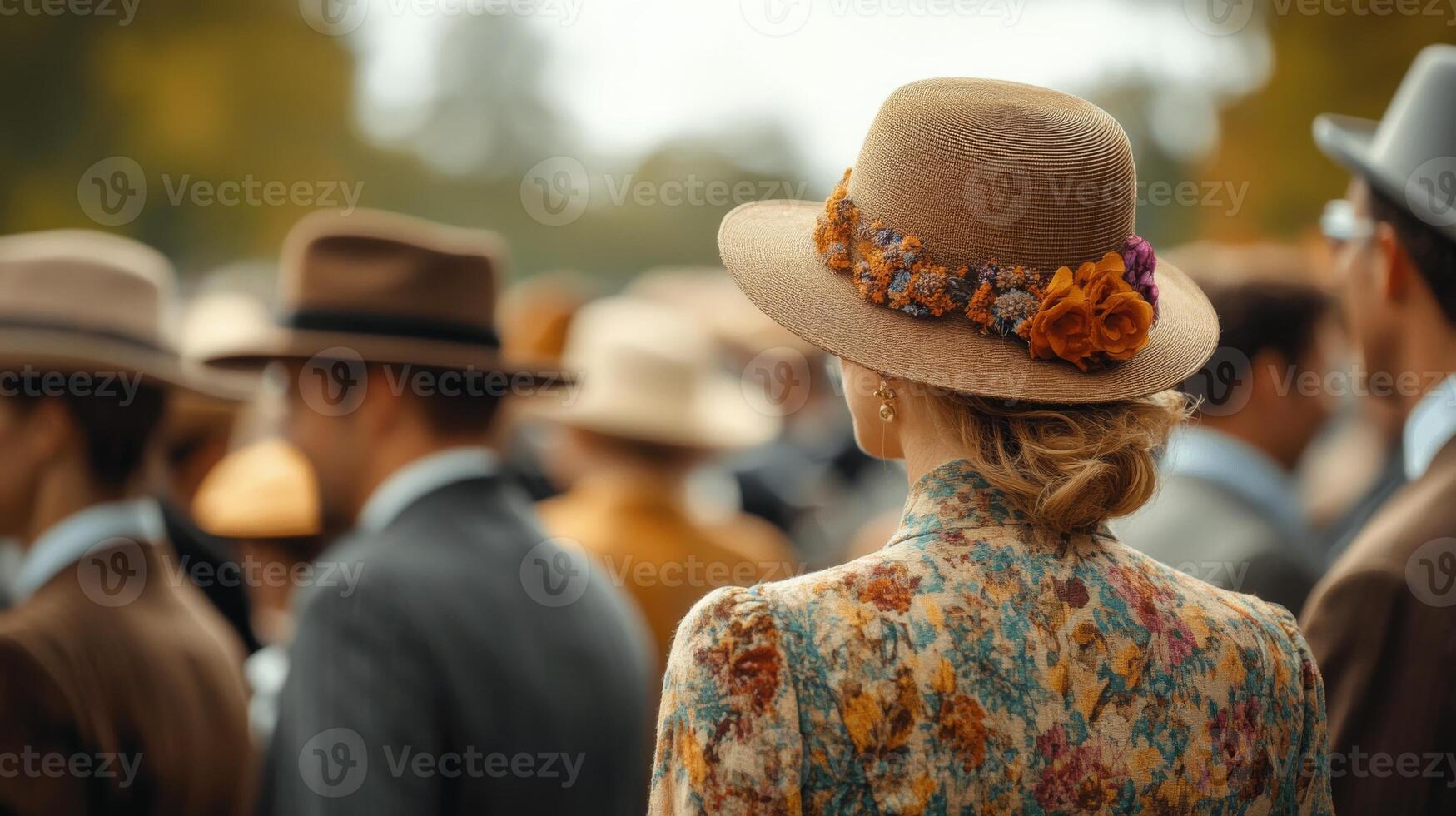 Woman in floral dress and hat with flowers, standing in a crowd at a racing event. Old Money style, elite setting photo