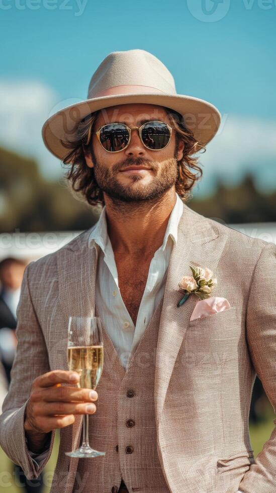 A stylish gentleman wearing a classic checked suit and fedora enjoys a drink at spring horse racing event. High society photo
